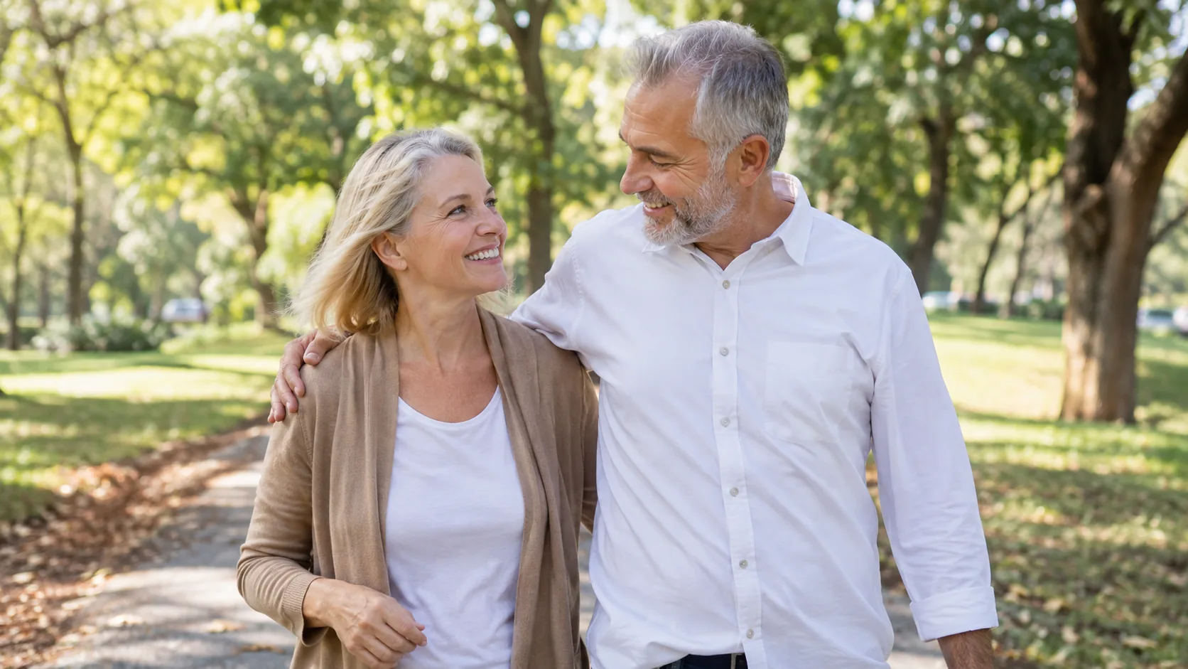 Mature couple walking in a park
